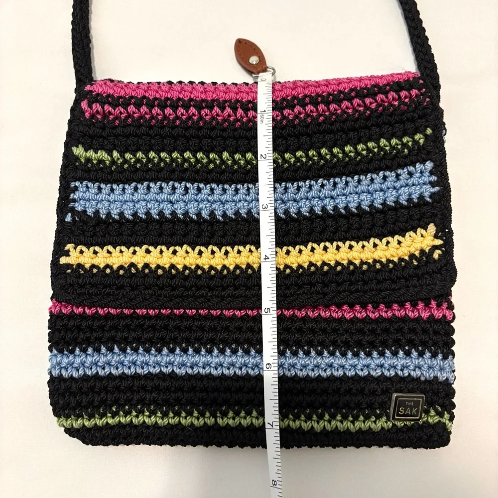 The Sak Black Multicolor Rainbow Striped Crochet Crossbody Flap Bag Boho Hippie